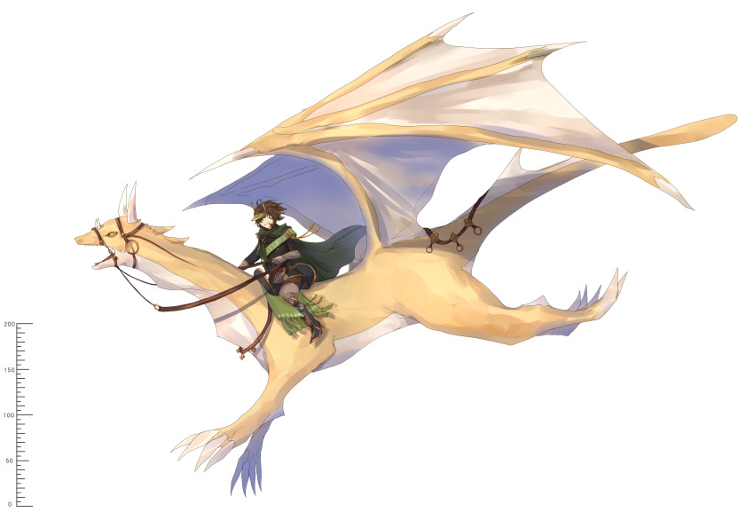 absurdres, boots, brown_hair, cape, dragon, gloves, green_cape, grey_gloves