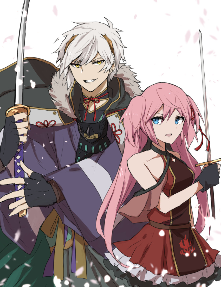 1boy, 1girl, black_gloves, blue_eyes, breasts, cape, clenched_teeth, dress, fingerless_gloves, finica_(pixiv_fantasia_last_saga), fur-trimmed_cape, fur_trim, gloves, highres, holding, holding_sword, holding_weapon, long_hair, pink_hair, pixiv_fantasia, pixiv_fantasia_last_saga, red_dress, shinonome_shiden, short_hair, small_breasts, standing, sword, teeth, weapon, white_background, white_hair, wide_sleeves, yellow_eyes, yukimitsuyui