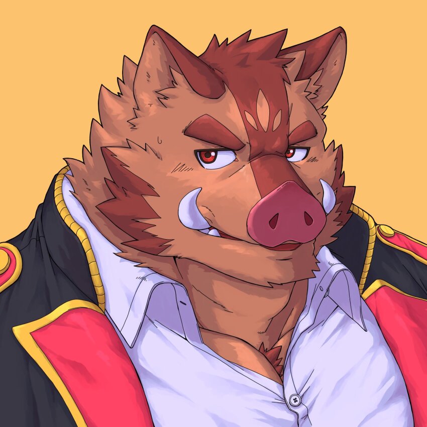 1boy, animal_ears, bara, boar_boy, boar_ears, brown_fur, closed_mouth, commentary_request, fat, fat_man, furry, furry_male, hermann_furst_von_eden_(knights_college), highres, iwakuma7, knights_college, korean_commentary, looking_to_the_side, male_focus, pig_nose, school_uniform, sweatdrop, tusks, upper_body, yellow_background
