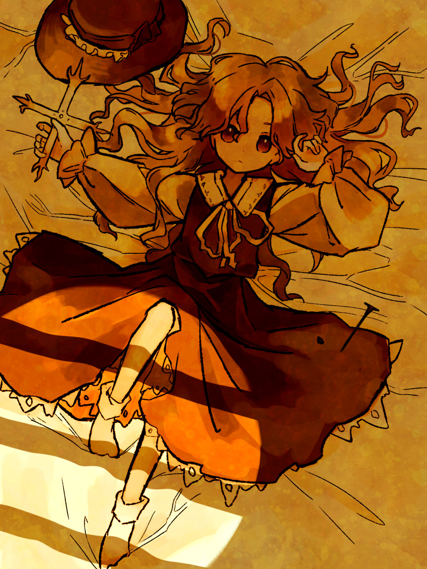 1girl, bed_sheet, brown_skirt, brown_vest, collared_shirt, commentary_request, cross, dolls_in_pseudo_paradise, frilled_hat, frilled_skirt, frills, hat, highres, holding, holding_cross, jacket_girl_(dipp), kimura8556spsk, long_hair, looking_at_viewer, neck_ribbon, red_eyes, ribbon, sepia, shirt, skirt, socks, solo, stake, touhou, unworn_hat, unworn_headwear, very_long_hair, vest, wavy_hair, white_shirt