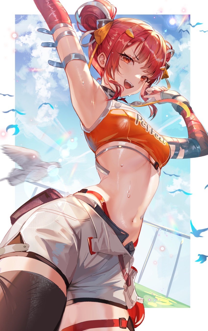1girl, absurdres, armpits, arms_up, bare_shoulders, black_choker, black_thighhighs, breasts, choker, commentary_request, cowboy_shot, crop_top, cz75_(girls'_frontline), double_bun, faye_(girls'_frontline_2), girls'_frontline, girls'_frontline_2:_exilium, hair_bun, hair_ornament, hairclip, highres, long_hair, looking_at_viewer, medium_breasts, midriff, navel, official_alternate_costume, open_fly, open_mouth, red_eyes, red_hair, red_shirt, shanguier, shirt, short_shorts, shorts, sidelocks, single_thighhigh, sleeveless, sleeveless_shirt, smile, solo, standing, stomach, sweat, thigh_strap, thighhighs, v-shaped_eyebrows, white_shorts