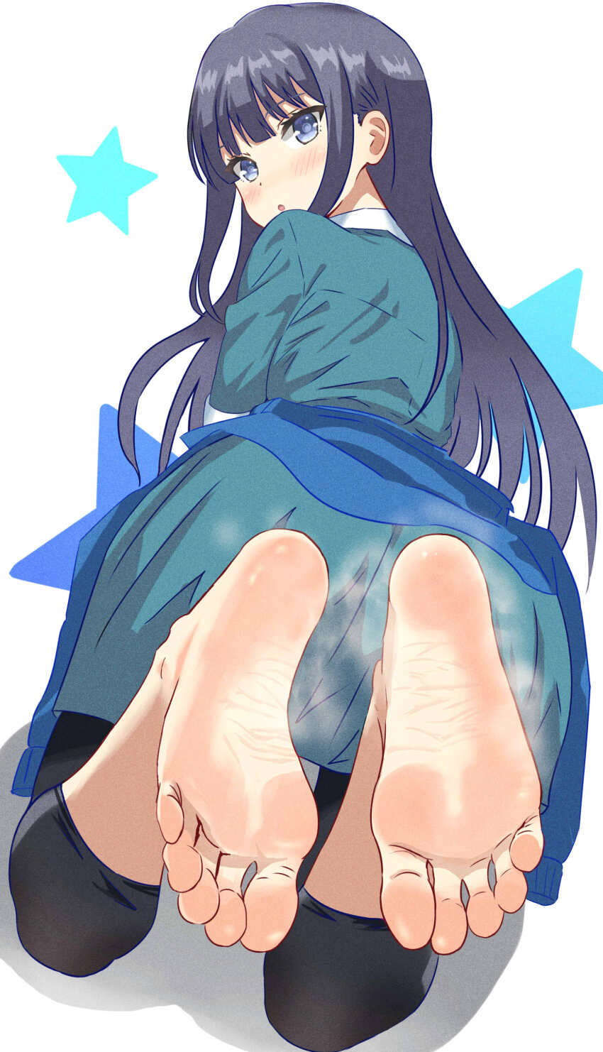 1girl, absurdres, barefoot, black_hair, blue_eyes, blush, feet, foot_focus, highres, long_hair, looking_at_viewer, looking_back, lying, misumi_aoi, on_stomach, ongeki, parted_lips, soles, steam, toes, uroichi