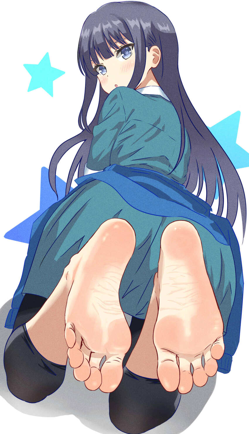 1girl, absurdres, barefoot, black_hair, blue_eyes, blush, feet, foot_focus