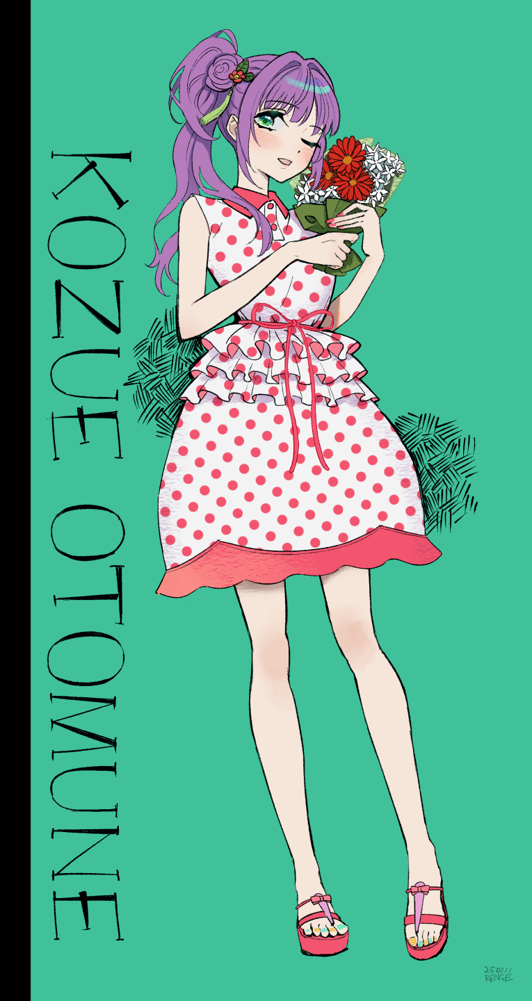 1girl, ;d, aqua_nails, bare_shoulders, blush, bouquet, character_name, collared_dress