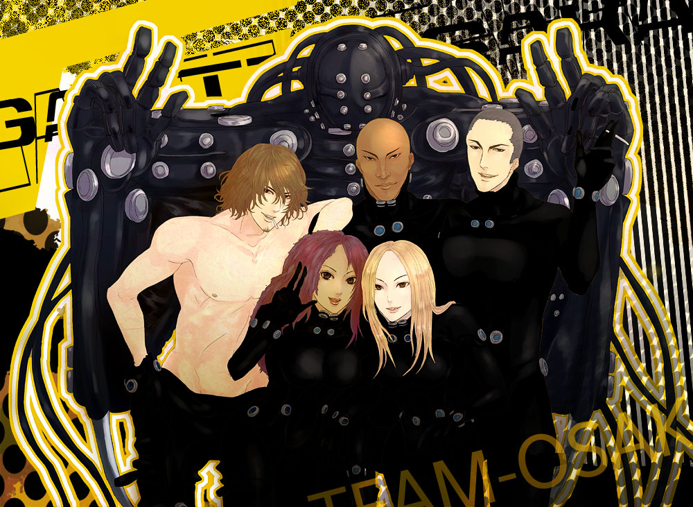 00s, bald, blonde_hair, brown_hair, cigarette, dark_skin, gantz, gantz_advanced_suit, gantz_suit, kuwabara_kazuo, long_hair, miho_yamanaka, nobuo_muroya, oka_hachirou, purple_hair, shimaki_jouji, smile, sumiko_yamada, topless_male, v