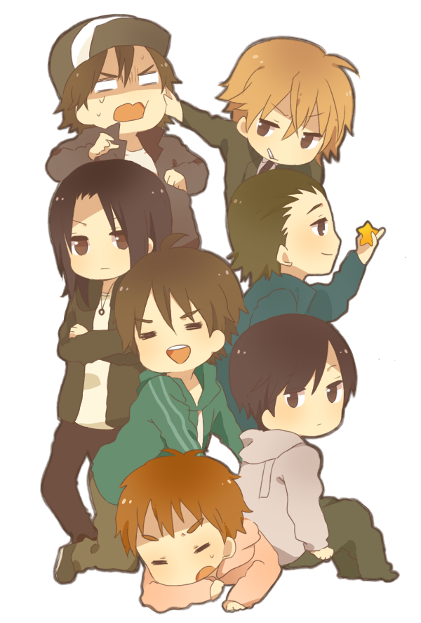 00s, 6+boys, black_hair, blonde_hair, brown_eyes, brown_hair, chibi, cigarette