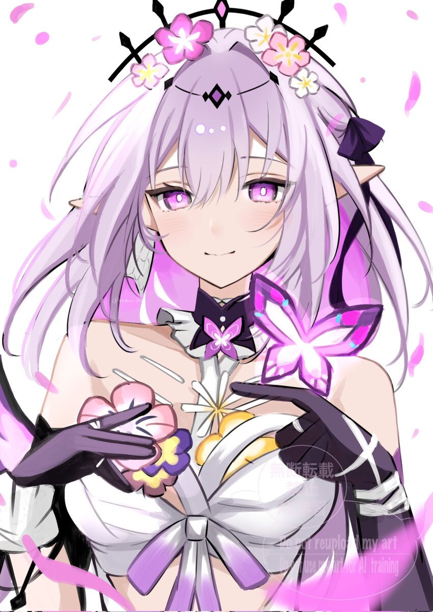 1girl, bare_shoulders, black_gloves, bright_pupils, castorice_(honkai:_star_rail), closed_mouth, corrupted_twitter_file, dress