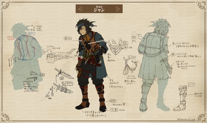 1boy, bandana, belt, black_gloves, black_hair, black_pants, blue_coat, boots, brown_background, brown_belt, brown_boots, brown_vest, character_name, closed_mouth, coat, commentary_request, copyright_notice, fingerless_gloves, full_body, gloves, jean_(wizardry), leaning_forward, looking_at_viewer, male_focus, multiple_views, official_art, pants, reference_sheet, rope, second-party_source, sheath, sheathed, short_sword, simple_background, standing, sword, swordbreaker_(weapon), vest, weapon, wizardry, wizardry_variants_daphne