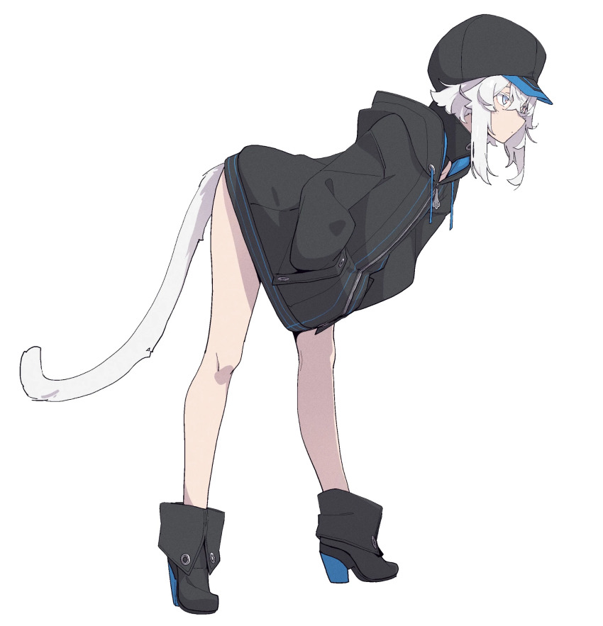 1girl, bare_legs, bent_over, black_hat, black_jacket, blue_eyes, colored_eyelashes, crossed_bangs