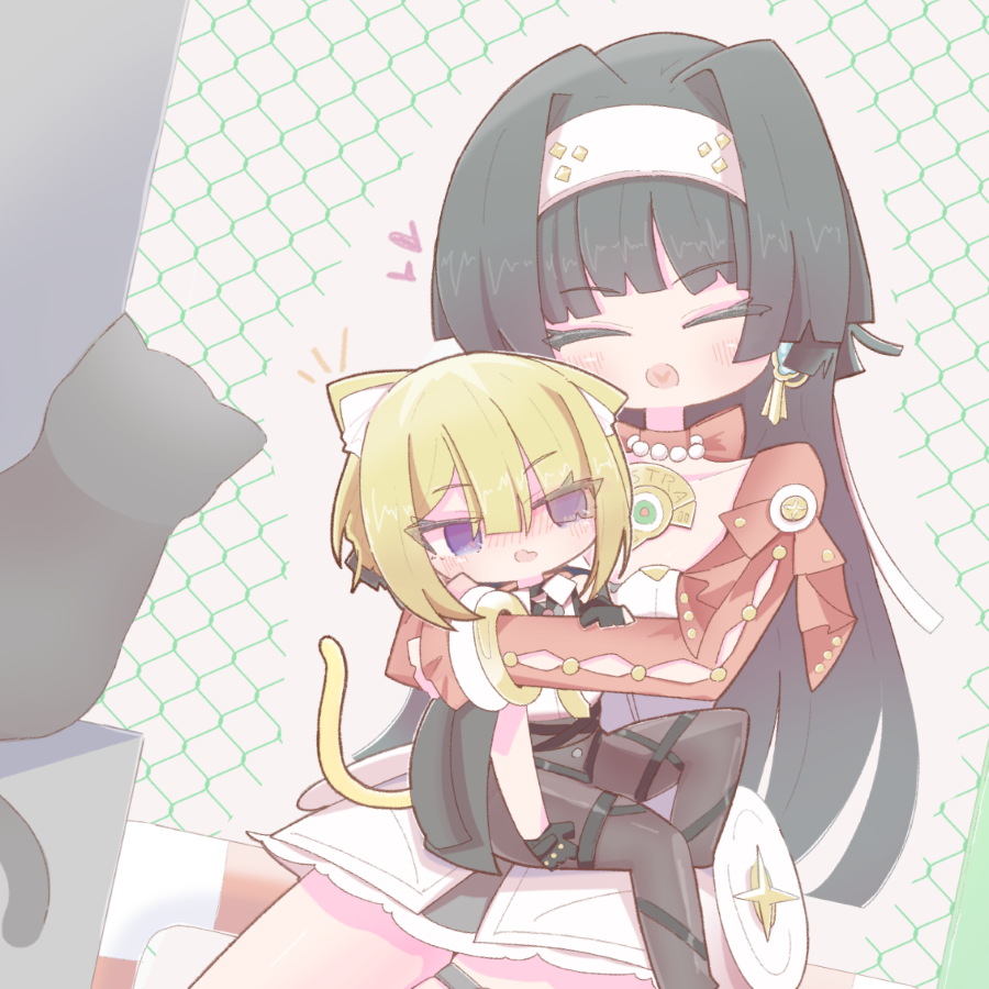 2girls, :d, =_=, aged_down, animal, animal_ears, arm_cutout, astra_yao, bangle, black_cat, black_gloves, black_hair, black_jacket, black_pants, blonde_hair, blunt_bangs, blunt_ends, blush, bracelet, brown_background, cat, cat_ears, cat_girl, chain-link_fence, clothing_cutout, collared_shirt, cowboy_shot, dress, dutch_angle, evelyn_chevalier, fence, gloves, hairband, hand_on_another's_arm, hashtag-only_commentary, heart, heart_in_mouth, high-waist_pants, hug, jacket, jacket_on_shoulders, jewelry, kemonomimi_mode, long_hair, long_sleeves, looking_at_viewer, multiple_girls, necklace, necktie, no_pupils, nogamo, nose_blush, notice_lines, open_mouth, outdoors, pants, pearl_necklace, purple_eyes, shirt, short_dress, sitting, sitting_on_lap, sitting_on_person, sleeves_past_wrists, smile, v-shaped_eyebrows, very_long_hair, wavy_mouth, white_dress, white_hairband, yellow_necktie, yuri, zenless_zone_zero