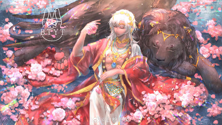 1boy, artist_name, bead_necklace, beads, circlet, closed_eyes, coat, cowboy_shot