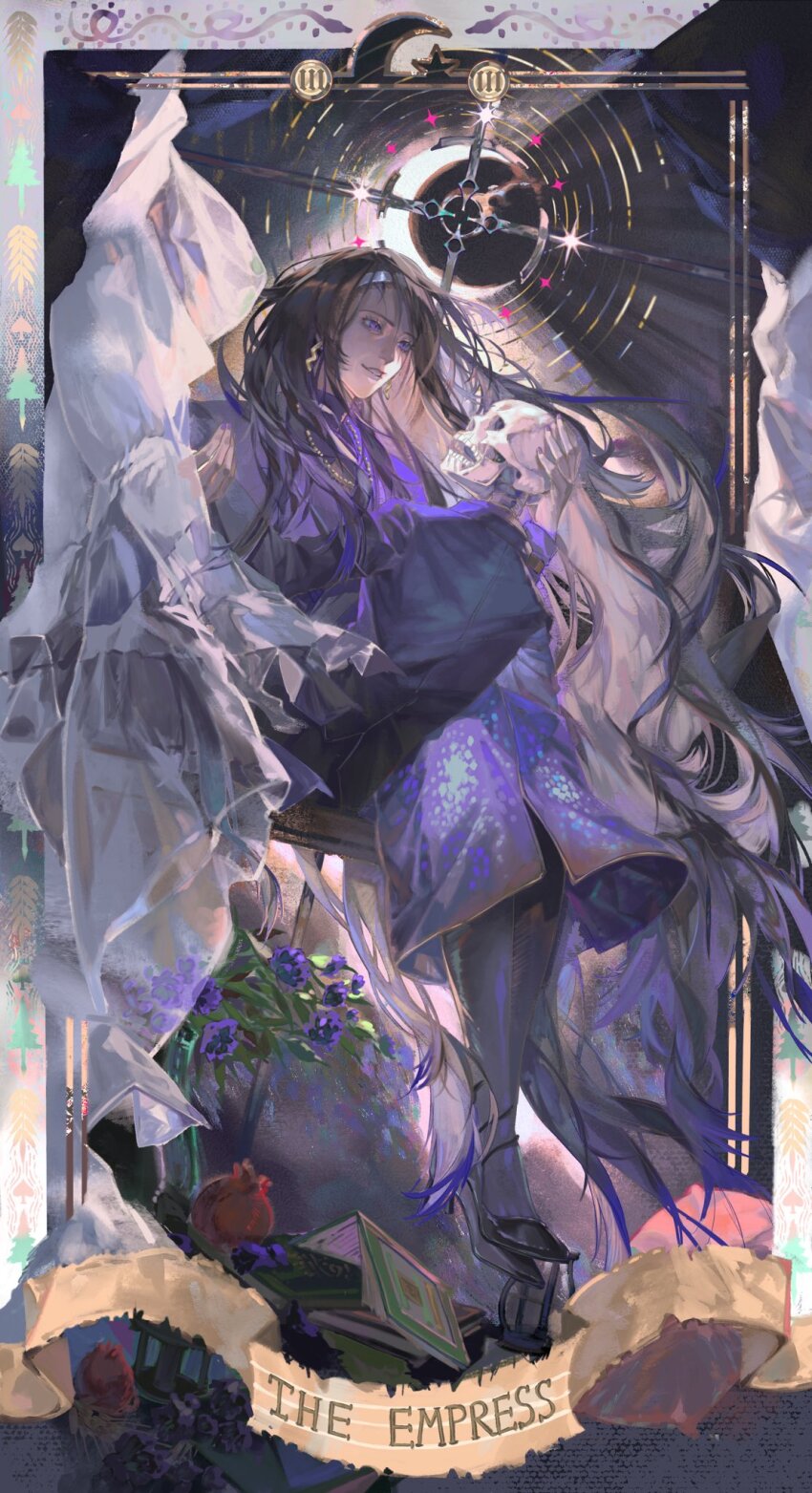 1girl, black_hair, book, coat, earrings, eclipse, flower, hairband