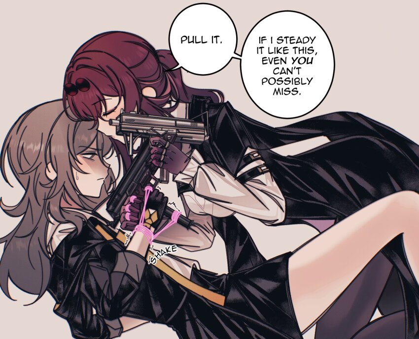 2girls, between_legs, birdburglar99, black_gloves, black_jacket, black_shorts, black_skirt, brown_background