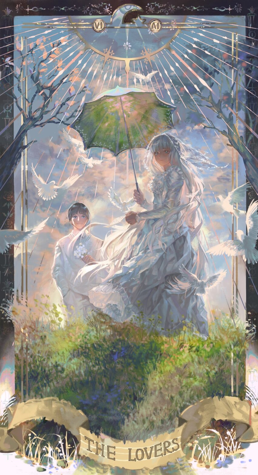 1boy, 1girl, bird, black_hair, blue_eyes, branch, cloud, cloudy_sky