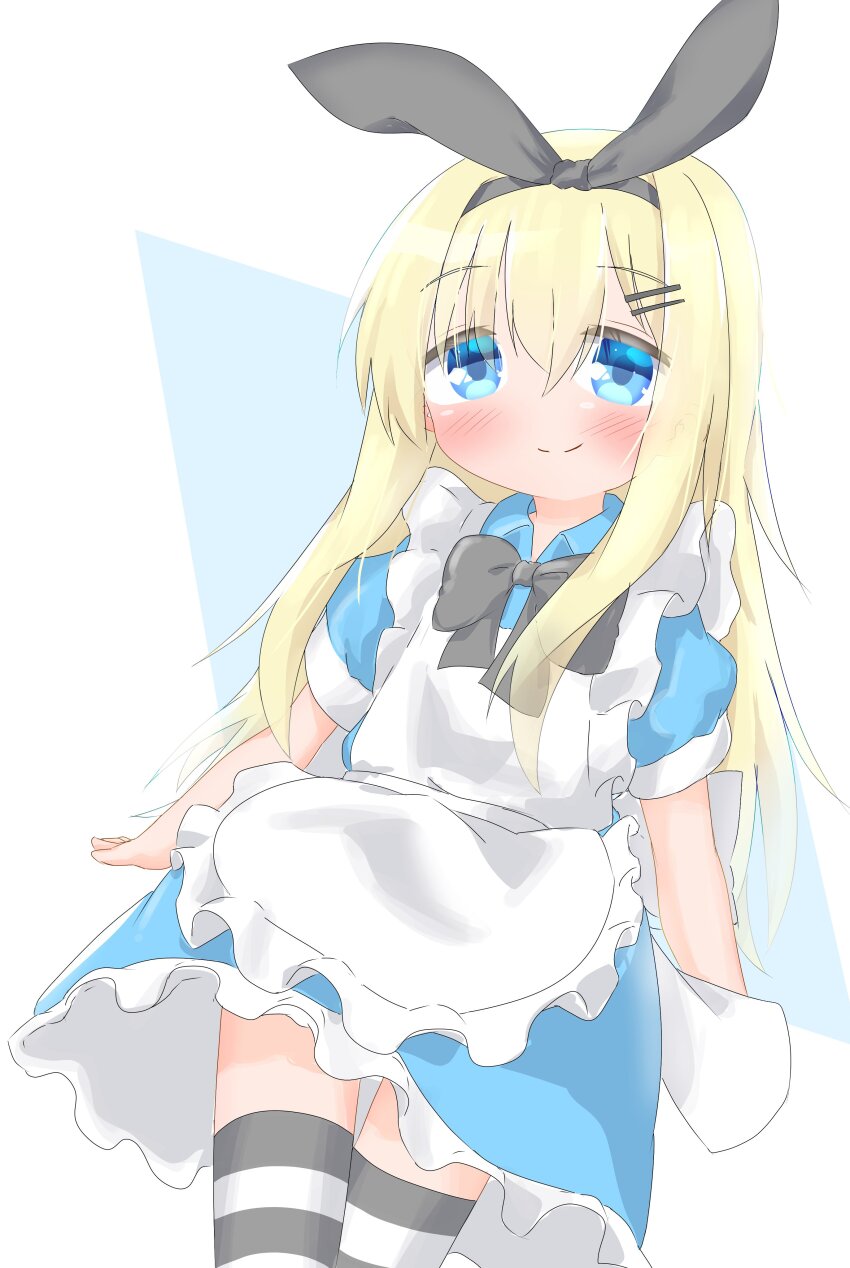 1girl, 1n4b4, absurdres, alice_(alice_in_wonderland), alice_(alice_in_wonderland)_(cosplay), alternate_costume, apron, black_bow, black_hairband, blonde_hair, blue_dress, blue_eyes, blush, bow, bowtie, breasts, closed_mouth, cosplay, cowboy_shot, dress, enmaided, eyebrows_hidden_by_hair, frilled_dress, frills, hair_ornament, hairband, hairclip, highres, long_hair, looking_at_viewer, maid, original, puffy_sleeves, short_sleeves, sidelocks, simple_background, small_breasts, smile, solo, standing, striped_clothes, striped_thighhighs, thighhighs, vertical-striped_clothes, vertical-striped_thighhighs, very_long_hair, white_apron, zettai_ryouiki