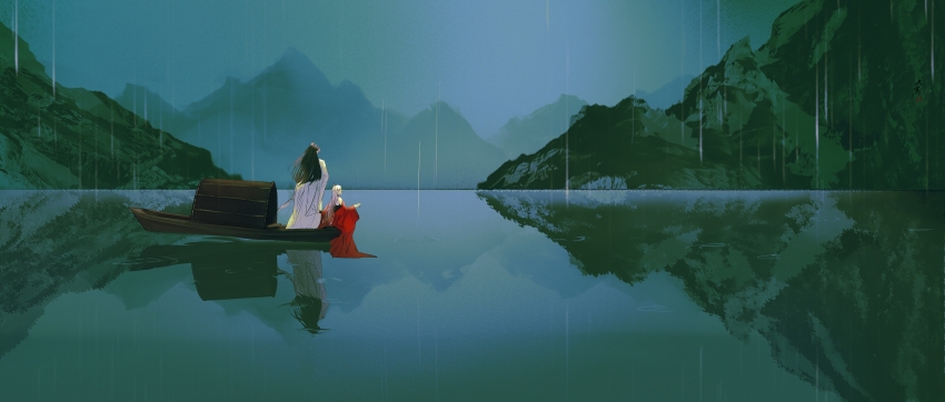 2boys, absurdres, alternate_costume, bare_shoulders, black_hair, black_shirt, boat, chinese_clothes