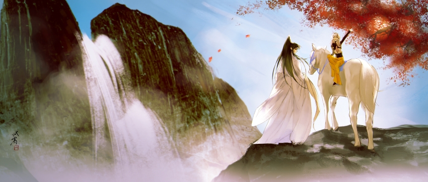 2boys, ^_^, absurdres, alternate_costume, autumn_leaves, black_hair, black_sash, black_shirt, bridal_legwear, chinese_clothes, chunzhanjia, closed_eyes, closed_mouth, cloud, crop_top, day, facing_viewer, falling_leaves, hair_between_eyes, hair_over_shoulder, hanfu, high_ponytail, highres, horseback_riding, leaf, long_hair, long_sleeves, looking_at_viewer, looking_back, low-tied_long_hair, luoyang_veggie_(the_tale_of_food), male_focus, male_master_(the_tale_of_food), midriff, mountain, multiple_boys, outdoors, pants, parted_lips, ponytail, profile, riding, robe, sash, shirt, sidesaddle, smile, standing, swept_bangs, the_tale_of_food, tree, water, waterfall, waving, white_hair, white_hanfu, white_robe, wide_sleeves, yellow_pants