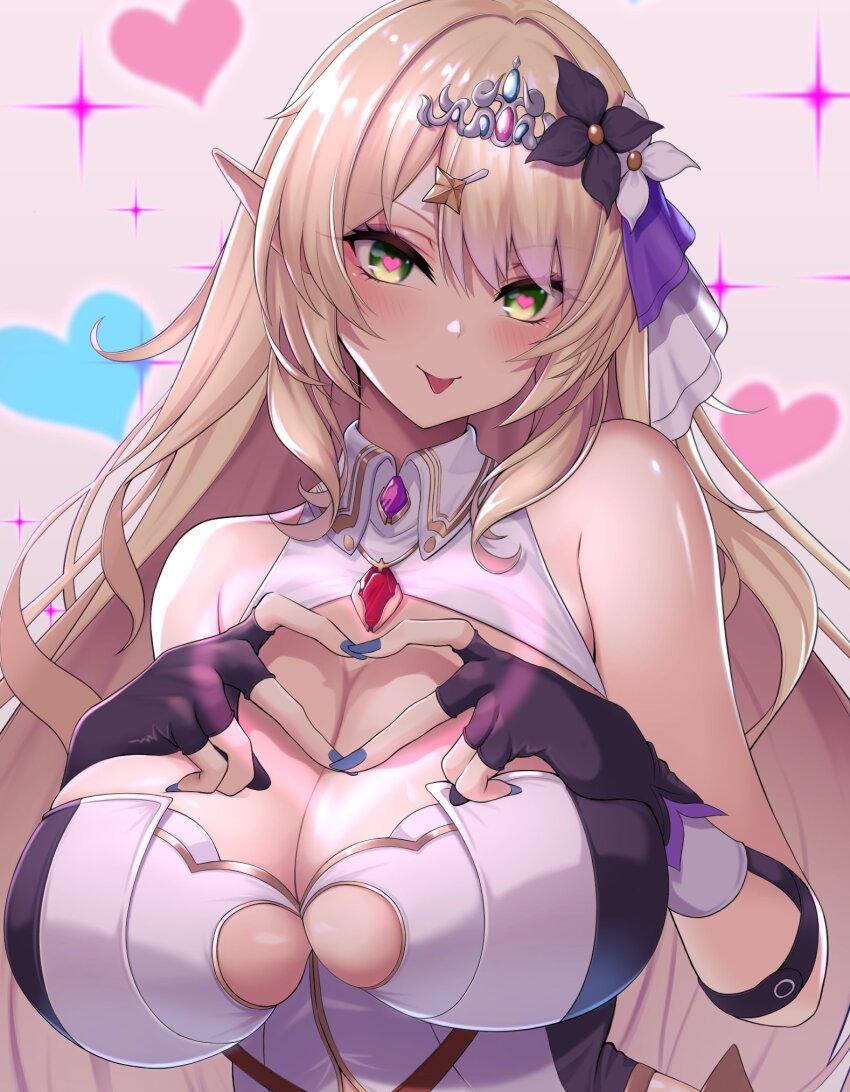 1girl, blonde_hair, blush, breasts, cleavage, close-up, elara_(vtuber), elara_(vtuber_old_model)