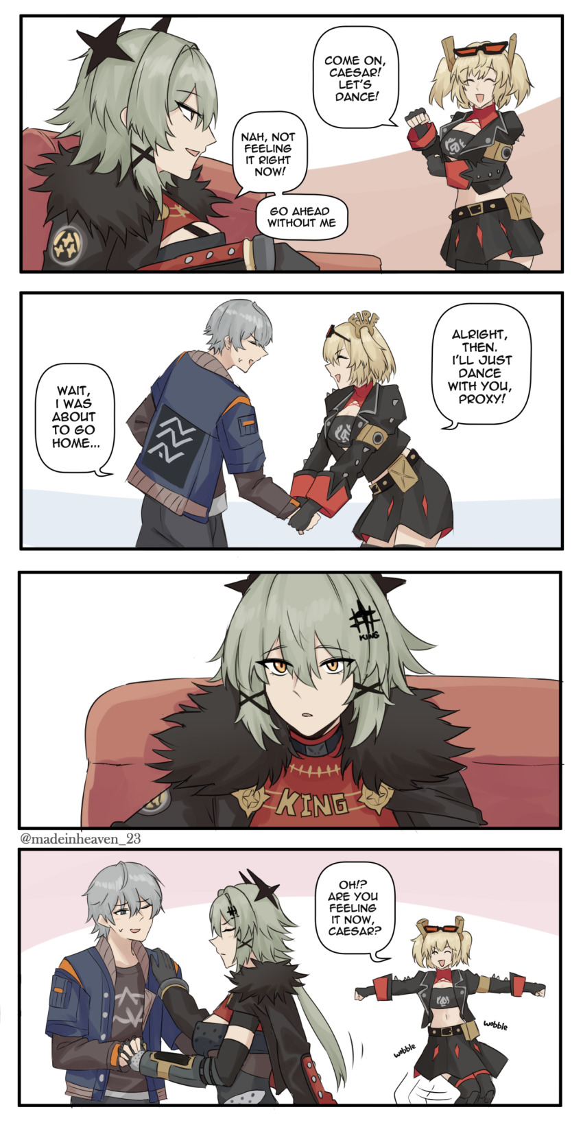 1boy, 2girls, absurdres, black_skirt, burnice_white, caesar_king_(zenless_zone_zero), crop_top, english_text, eyewear_on_head, fur-trimmed_jacket, fur_trim, green_hair, hair_intakes, highres, jacket, maven_(madeinheaven_23), multiple_girls, orange-tinted_eyewear, prosthesis, prosthetic_arm, skirt, speech_bubble, strapless, sunglasses, tinted_eyewear, tube_top, wise_(zenless_zone_zero), yellow_eyes, zenless_zone_zero