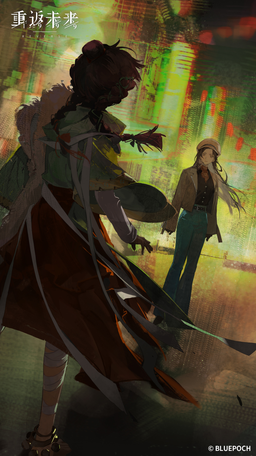 2girls, absurdres, ankle_bell, bandaged_leg, bandages, barefoot, black_hair, black_pants