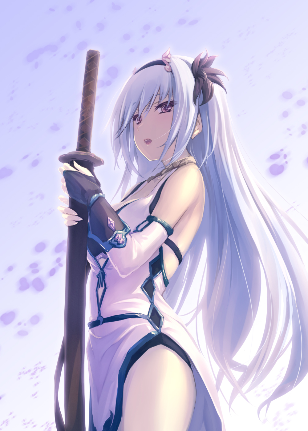 1girl, black_hairband, bridal_gauntlets, commentary_request, detached_sleeves, drop_shadow, falling_petals, floating_hair, from_side, fur_trim, hairband, highres, holding, holding_sword, holding_weapon, katana, long_hair, looking_at_viewer, open_mouth, outdoors, petals, purple_eyes, purple_hair, sheath, sheathed, side_slit, sidelocks, solo, sword, tenka_hyakken, tenmaso, weapon, yumekiri_kunimune_(tenka_hyakken)