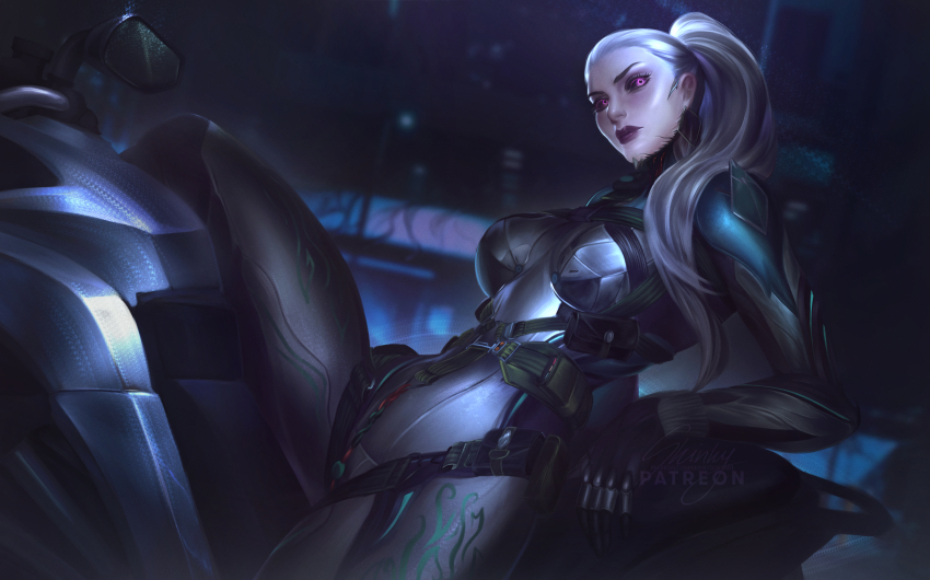 1girl, black_sclera, bodysuit, colored_sclera, eleanor_nightingale_(warframe), hair_over_shoulder, hair_slicked_back, highres, looking_up, ponytail, purple_eyes, reclining, skinky, solo, warframe