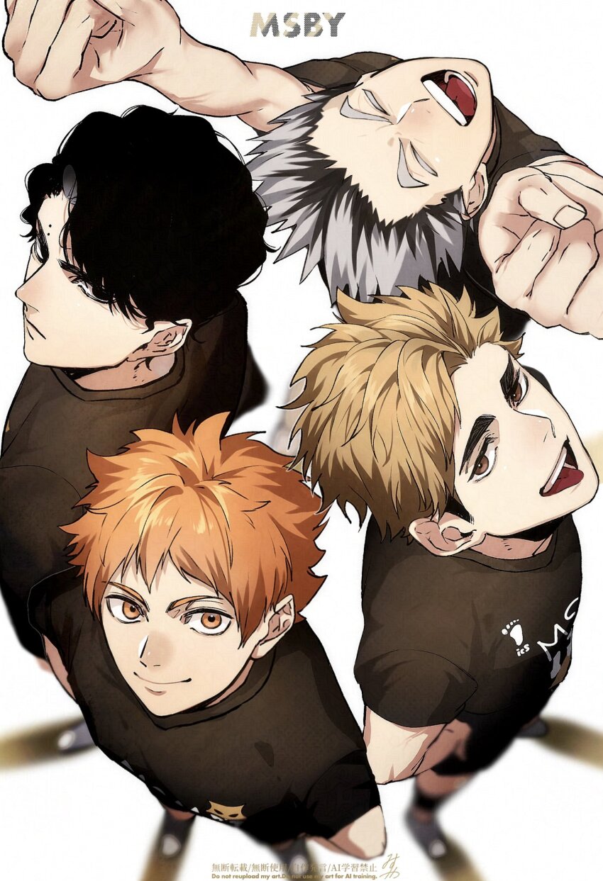 4boys, arms_behind_back, arms_up, black_hair, black_shirt, blonde_hair, bokuto_koutarou, brown_eyes