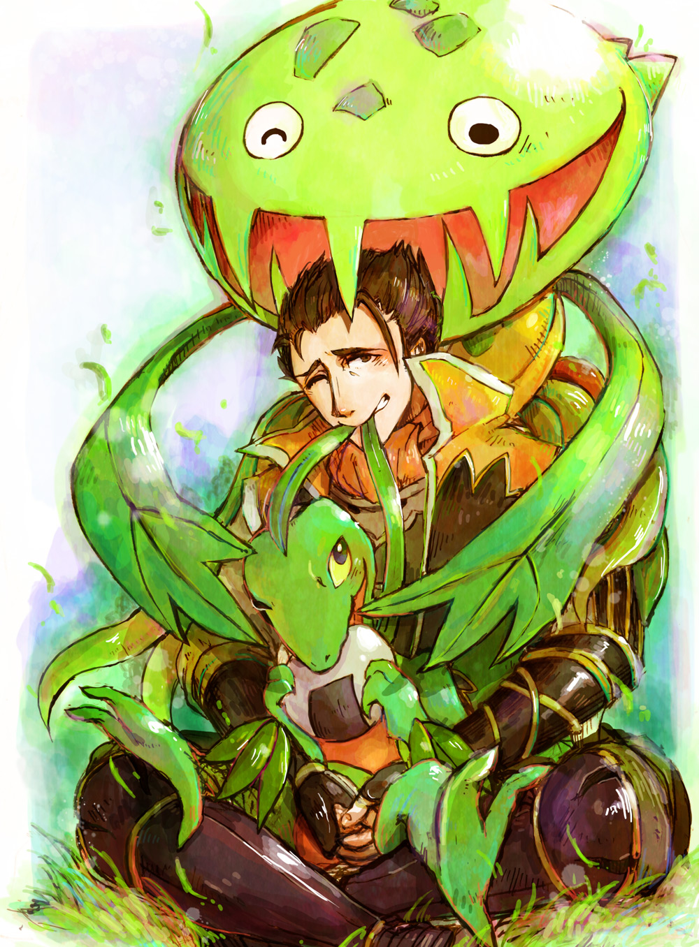 1boy, armor, ascot, biting, brown_eyes, brown_hair, carnivine, crossed_legs, eating, food, gen_3_pokemon, gen_4_pokemon, grovyle, highres, holding, holding_pokemon, hug, hug_from_behind, japanese_clothes, looking_up, male_focus, nintendo, on_head, one_eye_closed, onigiri, pokemon, pokemon_(creature), pokemon_conquest, pokemon_on_head, saika_magoichi_(sengoku_musou), sengoku_musou, sitting, smile, wink, yukimoto