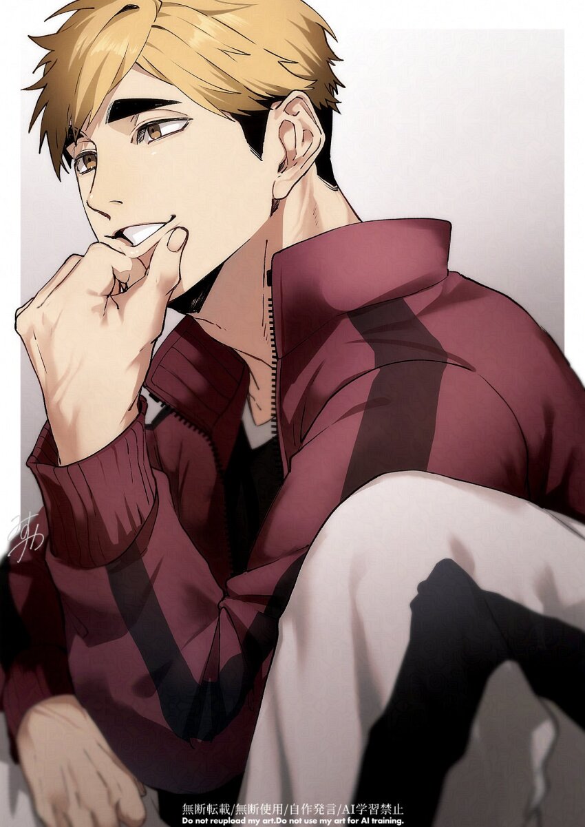 1boy, arm_up, black_hair, blonde_hair, collared_jacket, commentary_request, from_side, haikyuu!!, hand_on_own_face, highres, jacket, knee_up, long_sleeves, looking_ahead, male_focus, miya_atsumu, omg_genjitsu, pants, pillarboxed, popped_collar, red_jacket, sitting, solo, striped_clothes, striped_jacket, striped_pants, thick_eyebrows, two-tone_background, unzipped, vertical-striped_clothes, vertical-striped_jacket, vertical-striped_pants, yellow_eyes, zipper