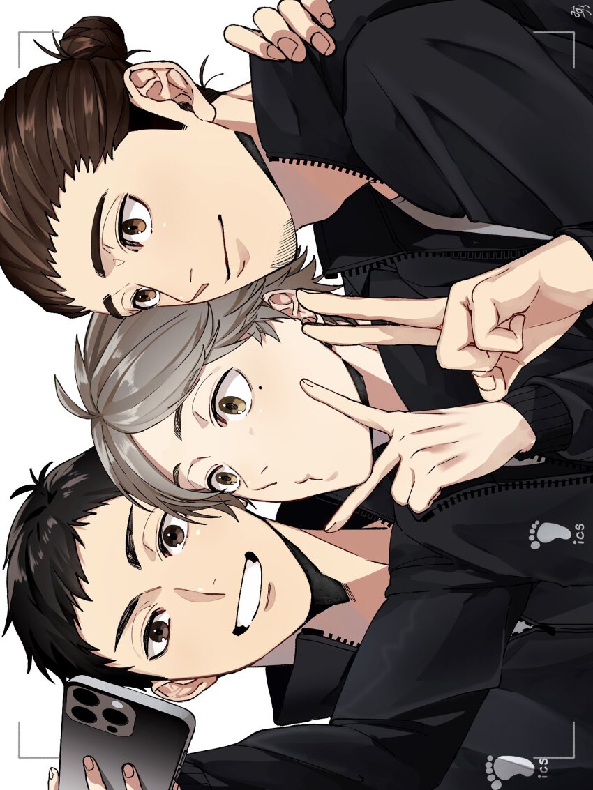3boys, arm_up, azumane_asahi, black_hair, brown_eyes, brown_hair, cellphone, collared_jacket