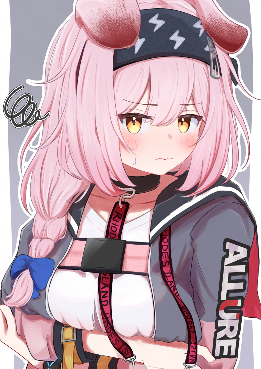 1girl, absurdres, animal_ears, arknights, arms_under_breasts, barurun_pen, black_hairband, blue_bow