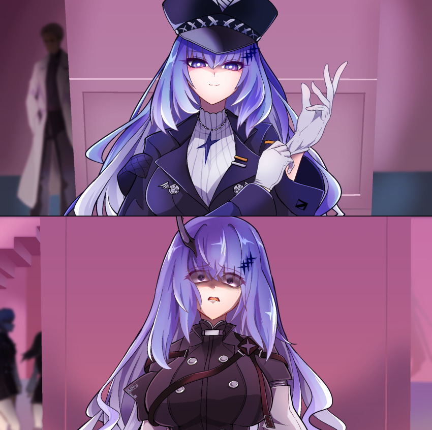 alisa_(pgr), black_hat, black_horns, black_jacket, breasts, character_request, check_character, depressed