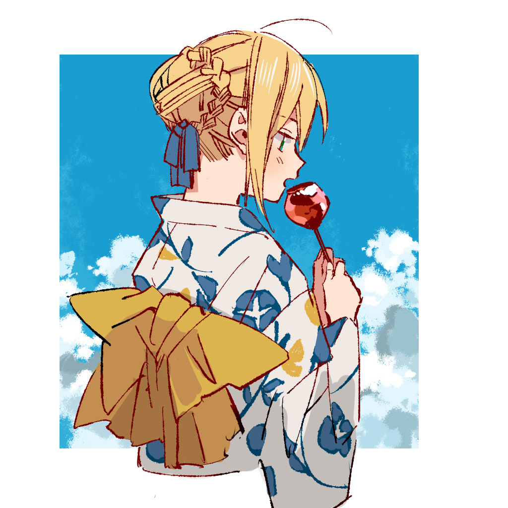 1girl, ahoge, artoria_pendragon_(fate), blonde_hair, blue_eyes, braid, bun_with_braided_base, candy_apple