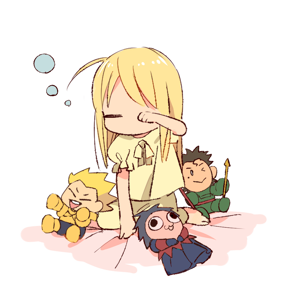 1girl, aged_down, ahoge, artoria_pendragon_(fate), barefoot, character_doll, child, closed_eyes