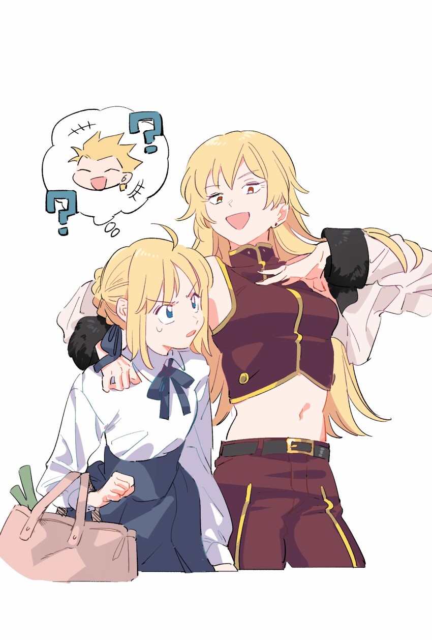 2girls, ?, ahoge, arm_around_neck, artoria_pendragon_(fate), bag, blonde_hair, blue_eyes, breasts, commentary_request, cropped_jacket, cropped_vest, duck11_rp, earrings, fate/stay_night, fate_(series), genderswap, genderswap_(mtf), gilgamesh-ko, gilgamesh_(fate), height_difference, highres, holding, holding_bag, jacket, jewelry, long_hair, medium_breasts, midriff, multiple_girls, red_eyes, saber_(fate), speech_bubble, spring_onion, stud_earrings, thought_bubble, vest, white_jacket