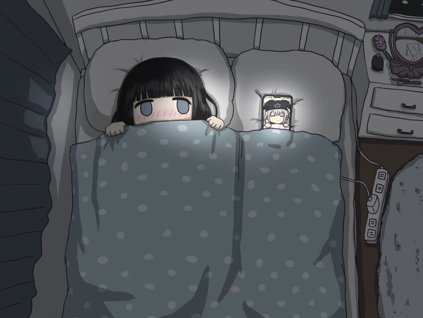 1girl, bedroom, black_hair, blue_eyes, blunt_bangs, cellphone, chest_of_drawers, fuchina_(fucinami)