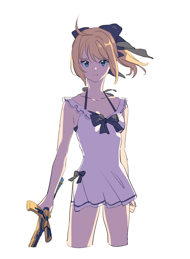 1girl, ahoge, alternate_costume, artoria_pendragon_(fate), bikini, bikini_under_clothes, black_bikini, bow