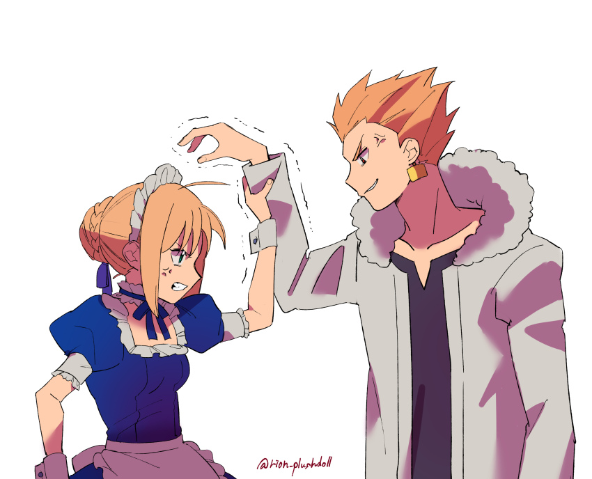 1boy, 1girl, absurdres, ahoge, apron, artoria_pendragon_(fate), blonde_hair, blue_dress