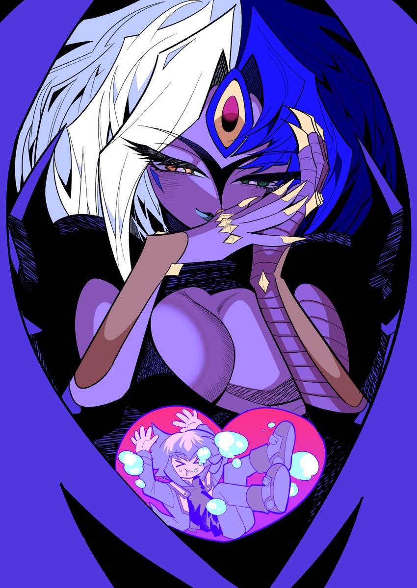 >_<, 1boy, 1other, aqua_leotard, blue_hair, breasts, cleavage, green_eyes