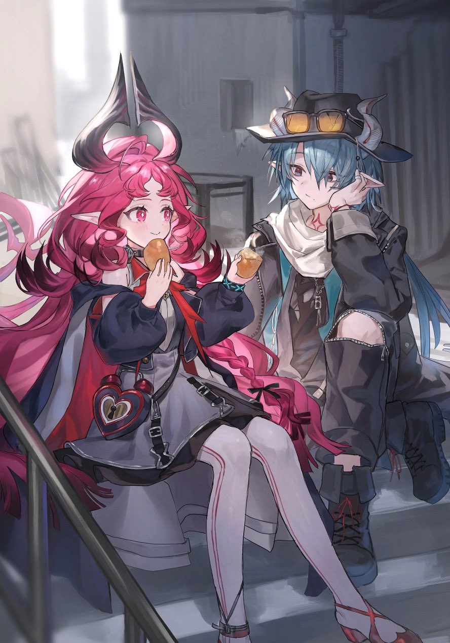 1boy, 1girl, arknights, black_eyes, black_hat, blue_hair, blush, bright_pupils