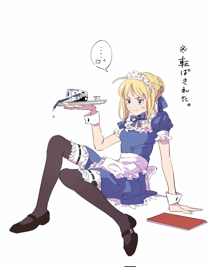 1girl, apron, artoria_pendragon_(fate), black_thighhighs, blonde_hair, blue_dress, blue_eyes, braid