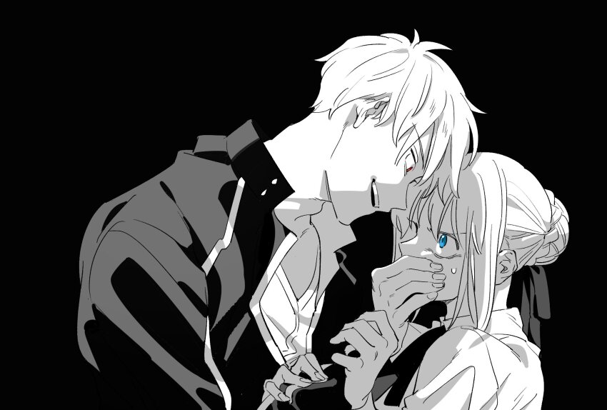 1boy, 1girl, artoria_pendragon_(fate), blue_eyes, braid, bun_with_braided_base, commentary_request, covering_another's_mouth