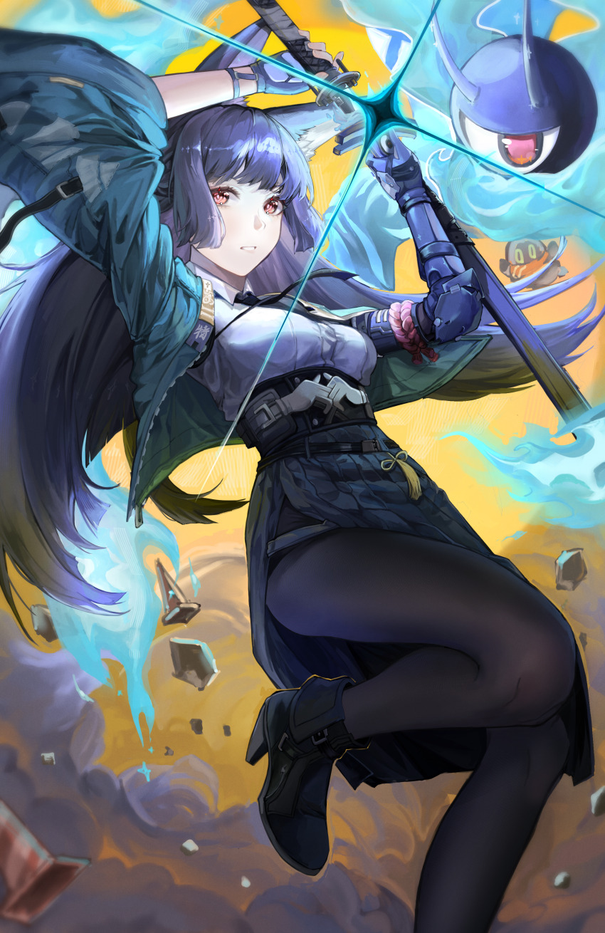 1girl, absurdres, animal_ears, ankle_boots, aqua_jacket, arm_out_of_sleeve, black_gloves, black_necktie