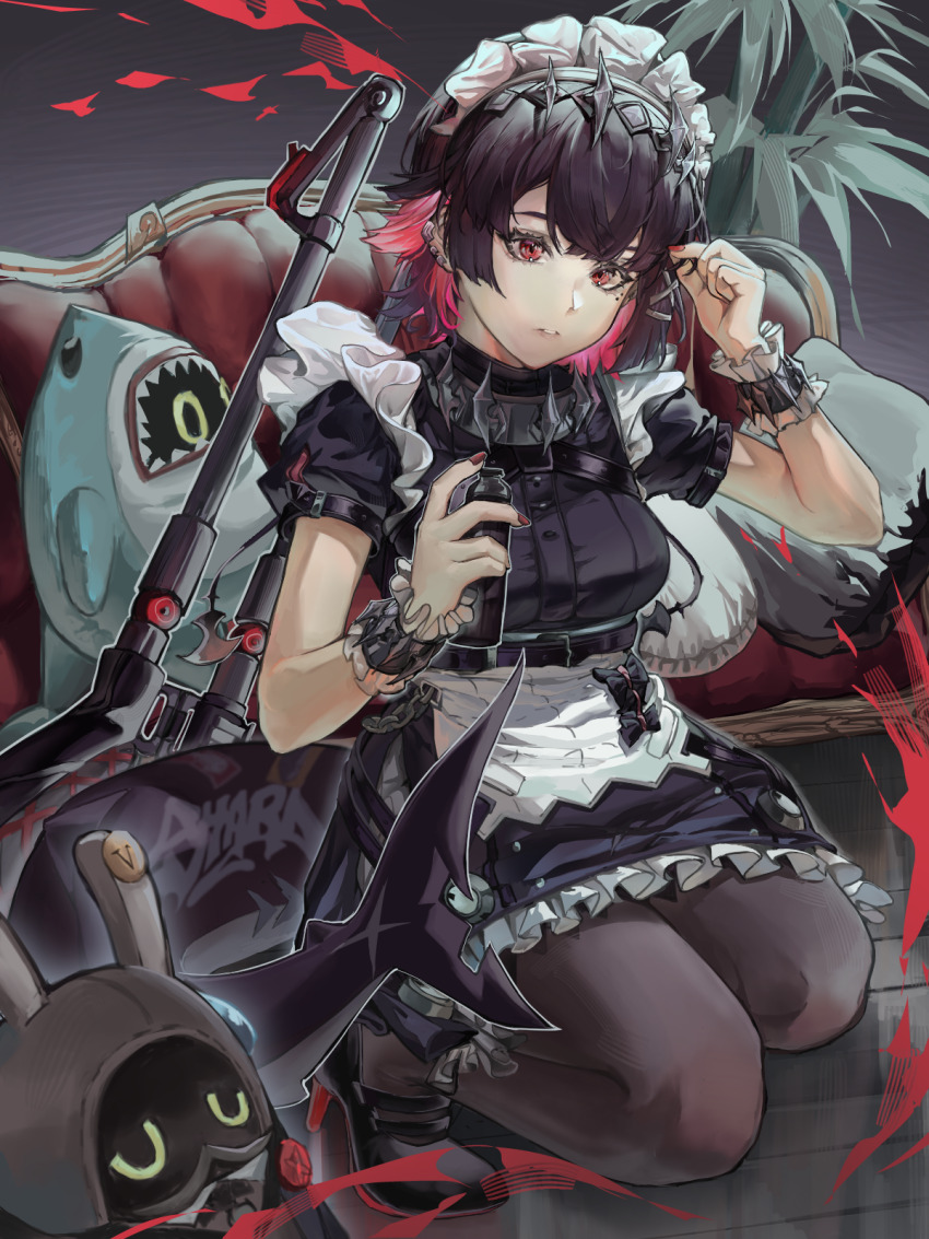 1girl, apron, black_dress, black_hair, black_pantyhose, black_shoes, breasts, butler_(zenless_zone_zero)