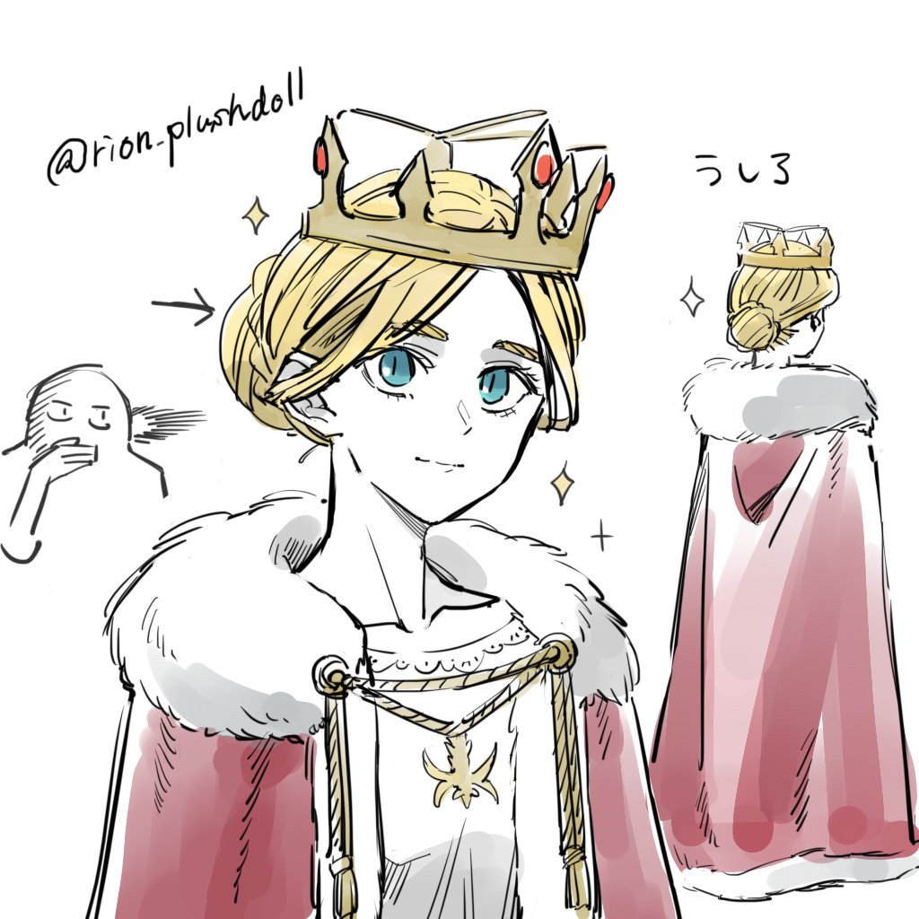 1girl, 1other, arrow_(symbol), blonde_hair, blue_eyes, braid, bun_with_braided_base, cape, commentary_request, crown, duck11_rp, fur-trimmed_cape, fur_trim, hair_bun, krista_lenz, red_cape, shingeki_no_kyojin, single_hair_bun, smile, sparkle, translation_request