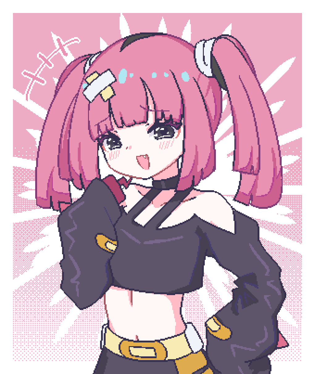 +++, 1girl, bandaid, bandaid_hair_ornament, bandaid_print, belt, black_choker, black_eyes, black_hair, black_shirt, black_skirt, blunt_bangs, blush, border, chibikki, choker, collarbone, commentary, coral_(pokemon), cowboy_shot, crop_top, cropped_shirt, dithering, dot_nose, eyelashes, fang, grey_eyes, hair_ornament, hand_on_own_hip, hand_up, highres, long_sleeves, looking_at_viewer, medium_hair, mesugaki, midriff, multicolored_hair, navel, navel_peek, nintendo, off_shoulder, open_mouth, pink_background, pink_hair, pixel_art, pokemon, pokemon_(anime), pokemon_horizons, shirt, sidelocks, skirt, sleeves_past_fingers, sleeves_past_wrists, solo, twintails, two-tone_hair, white_border, yellow_belt