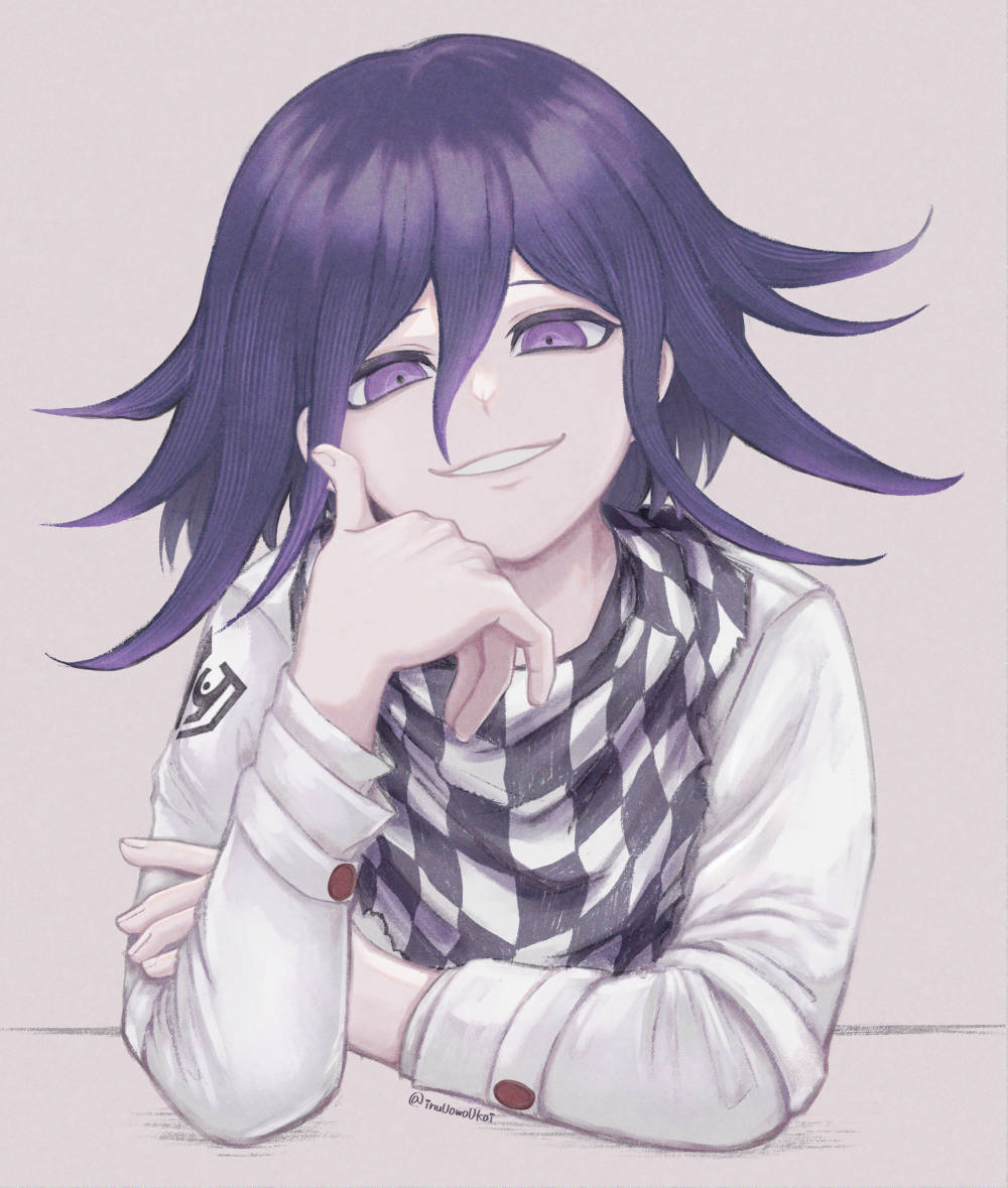 1boy, checkered_neckerchief, danganronpa_(series), danganronpa_v3:_killing_harmony, grey_background, grey_jacket, grin, hair_between_eyes