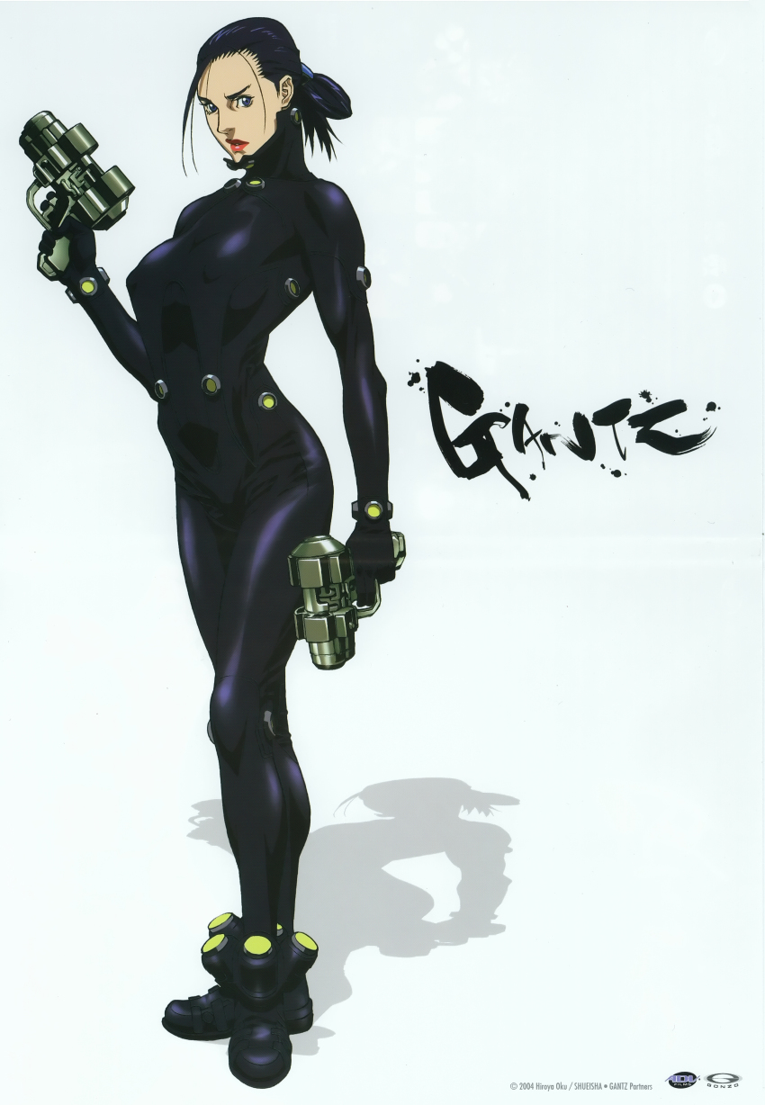 00s, 1girl, absurdres, arm_up, black_hair, blue_eyes, bodysuit, breasts, copyright_name, covered_erect_nipples, feet, female_focus, folded_ponytail, full_body, gantz, gantz_suit, gonzo_(company), gun, highres, holding, holding_gun, holding_weapon, large_breasts, legs, lips, lipstick, looking_at_viewer, makeup, official_art, oku_hiroya, parted_lips, ponytail, red_lips, sakuraoka_sei, shadow, shiny_clothes, simple_background, solo, standing, thighs, weapon, white_background