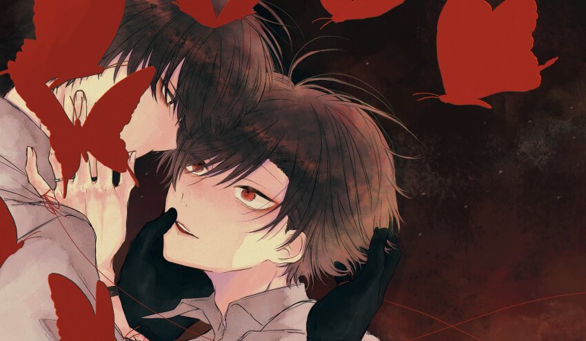 2boys, ariake_(ooe), away_4423, black_background, black_gloves, brown_hair, bug, butterfly