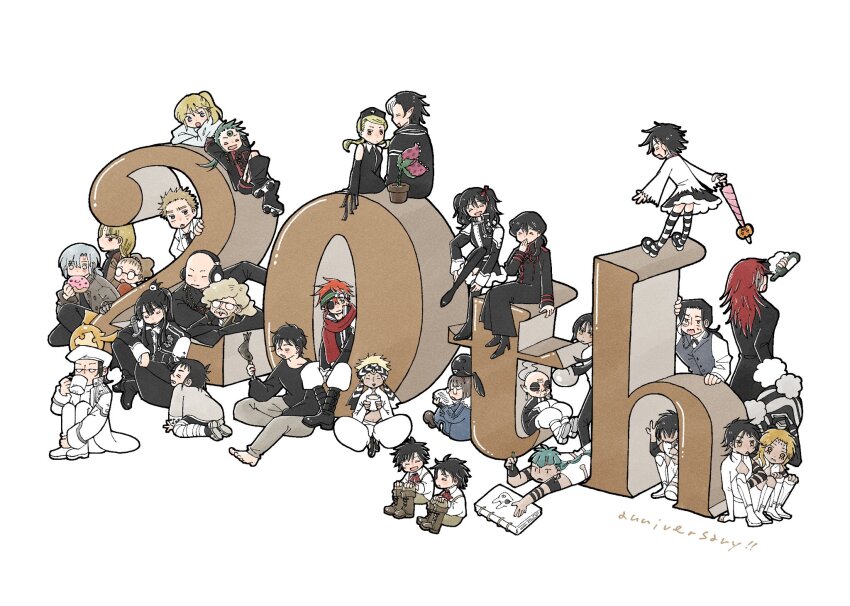 1other, 6+boys, 6+girls, allen_walker, alma_karma, aqua_hair, arm_behind_head, armband